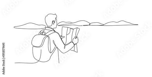 Adventure Journey. Minimalistic one-line drawing traveler with map in hand looking toward distant hills or landmarks, continuous single black line on white
