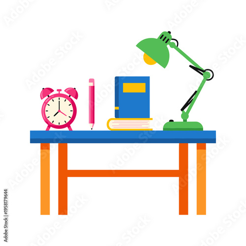 A desk with a lamp, books, and an alarm clock