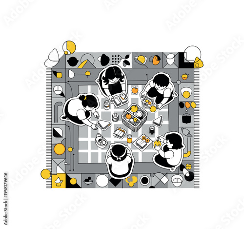 children arranging picnic items on geometric blanket abstract circles lines and geometric shapes representing playful organization black and white retro human