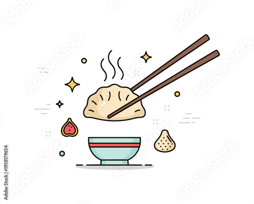 Dumpling tasting moment chopsticks holding a freshly steamed dumpling above a small sauce dish while steam curls and sparkle icons highlight flavor and