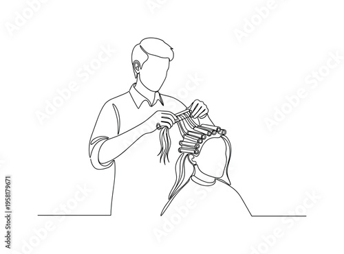 Stylist Applying Perm. Minimalistic one-line drawing hair stylist working on client?s hair with perm rods, continuous single black line on white background,