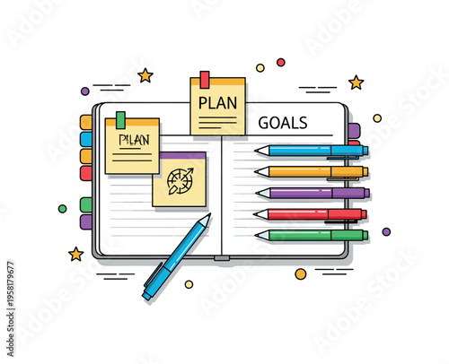 Goal planning concept centered on a planner spread with sticky notes labeled ?Plan? and ?Goals? while colorful pens highlight different tasks. Visual metaphor