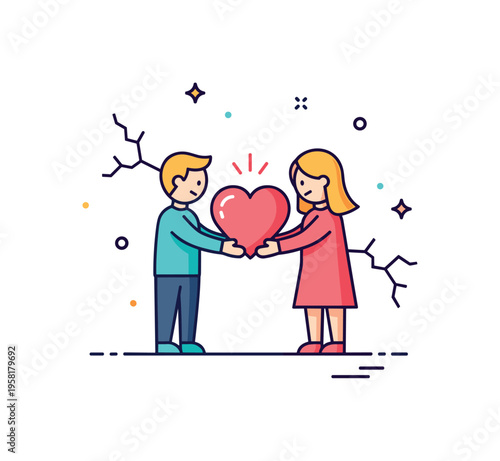 Irreplaceable bond illustrated by two small figures holding a glowing heart between them while faint cracks appear around the edges of the scene. The emotional