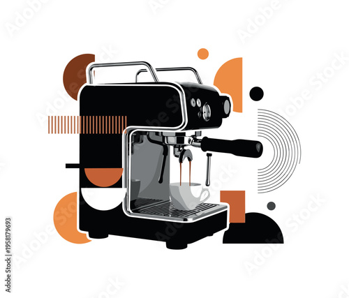coffee machine pouring espresso into cup abstract circles semicircles lines and geometric blocks symbolizing preparing coffee order black and white retro