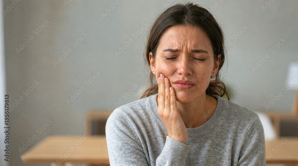 Obraz premium Young woman suffering from severe toothache holding her jaw. Facial pain and dental health problems. Person in distress at home