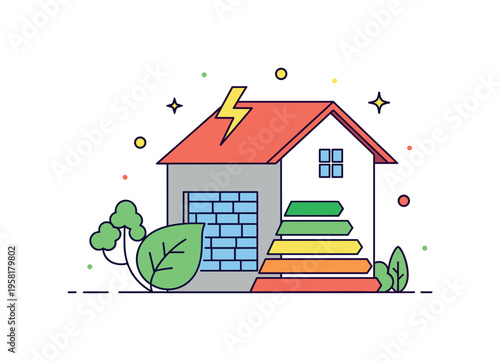 Energy efficient building smart eco house with insulated walls icon and energy efficiency leaf symbol placed near the structure. The composition reflects
