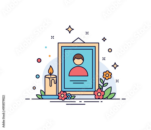 Memorial remembrance gentle scene with a framed portrait icon surrounded by a candle and small flowers symbolizing honoring the memory of someone who has