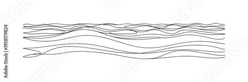 Calm Sea Ripple Waves. Minimalistic one-line drawing gentle ocean ripples forming layered wave patterns across the sea surface, continuous single black line on