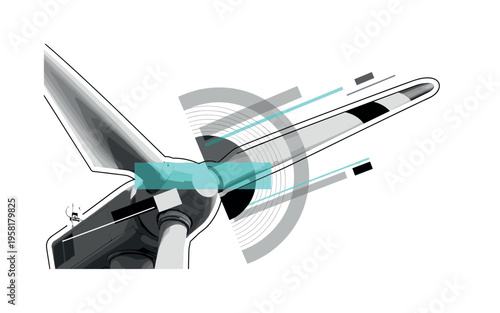 close-up of wind turbine blade tip with geometric highlights abstract semicircles lines and geometric blocks symbolizing aerodynamic design black and white