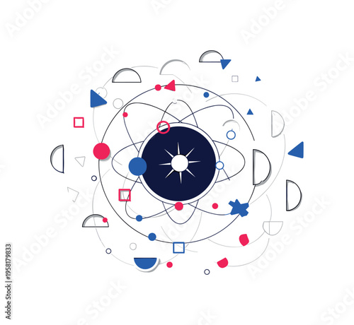 black and white couch with snacks and a glowing TV showing a distant planet, realistic cut-out objects with white outline, semicircles and orbit-like arcs