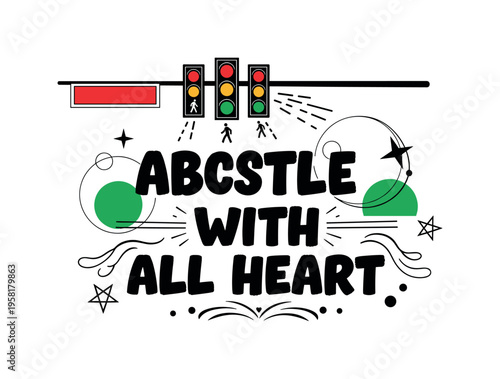 traffic light above pedestrians abstract circles lines and geometric shapes representing city street dynamics black and white retro traffic light object with