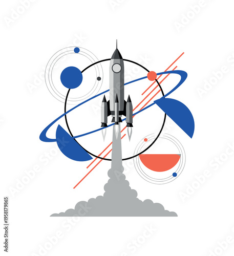 monochrome rocket launching upward through abstract circular rings representing planetary orbits, intersecting semicircles and diagonal geometric lines