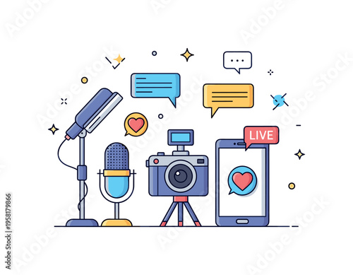 Streaming influencer setup microphone, camera, and smartphone screen showing a live icon while chat bubbles and reaction hearts float around the scene. The