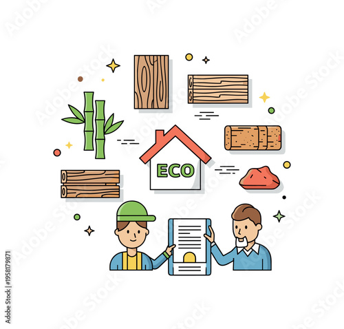 Eco building material selection designer reviewing different natural material samples like bamboo, wood, cork, and clay arranged around a small eco house