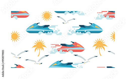 Jet ski ocean adventure seamless pattern, jet skis splashing waves tropical sun and seagulls arranged in a repeating pattern, white background with bright blue