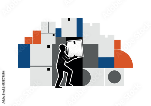 black and white warehouse worker lifting a package from a conveyor belt, cut-out collage figure with white outline, geometric circles and diagonal lines