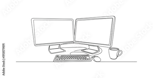 Software Engineer Desk. Minimalistic one-line drawing computer setup with monitors, keyboard, and coding tools, continuous single black line on white