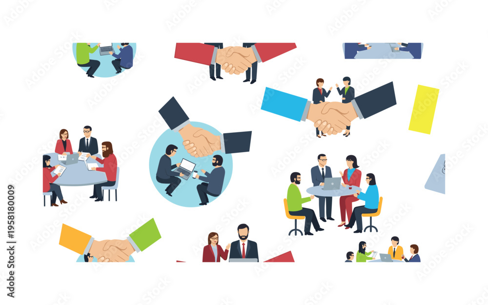 Fototapeta premium successful business networking seamless pattern, repeating pattern, surface design, textile print, modern illustration of meetings, handshakes, laptops, and