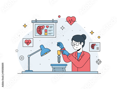 Biomedical engineering for implants scientist adjusting a small implant prototype while medical charts and heart icons appear around the workspace. Visual