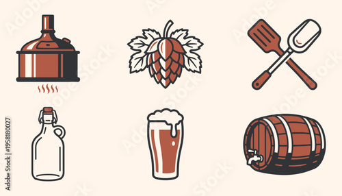 Craft beer brewing icon set in vintage flat style