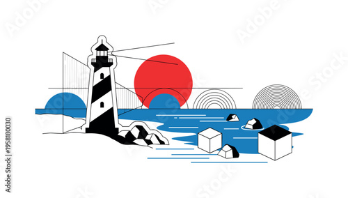 beach landscape with black and white lighthouse near the shore, cut-out structure with white contour outline, bold red circle sun behind the lighthouse,