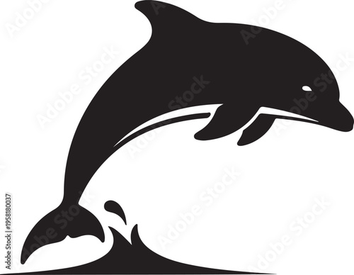 A black silhouette of a dolphin jumping out of the water on a white background