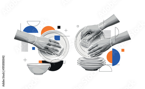 human hands scrubbing dishes abstract semicircles lines and geometric blocks symbolizing kitchen cleanliness black and white retro hands and dish objects with