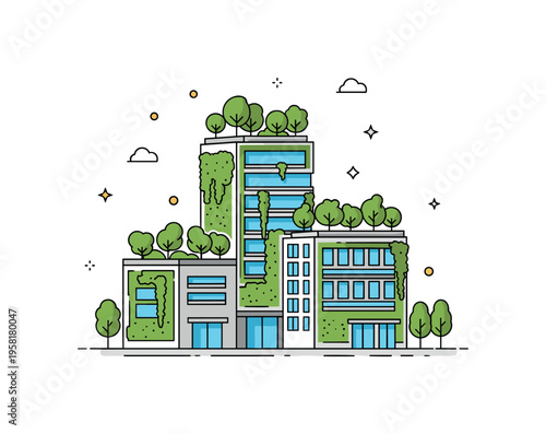 Green architecture concept contemporary building covered with vertical garden panels and rooftop trees creating a compact symbol of urban sustainability. The