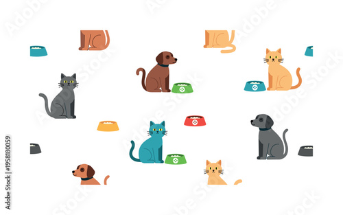 hungry pets asking for treats seamless pattern, repeating pattern, surface design, textile print, modern illustration of cats and dogs sitting with empty bowls