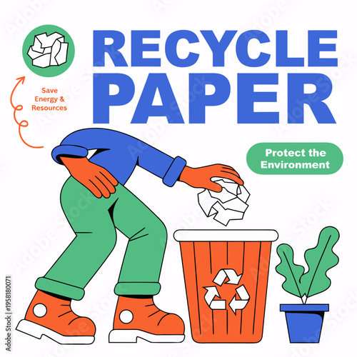 A person wearing heavy boots and gloves bends down to toss a single piece of crumpled paper into an orange waste container marked with the universal recycling emblem, emphasizing action.