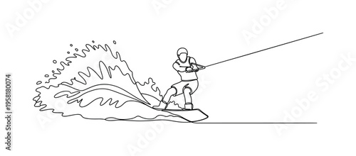 Wakeboard Splash. Minimalistic one-line drawing wakeboarder carving through water with spray rising behind, continuous single black line on white background,