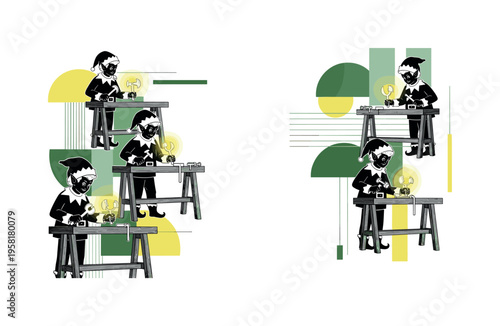 elves working at wooden workbenches with glowing tools abstract semicircles lines and geometric blocks symbolizing collaborative magical workshop black and