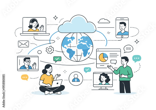 Future virtual collaboration. People and devices connected through screens, clouds, and soft data lines. An optimistic editorial illustration about global