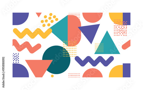 bold abstract color blocks seamless pattern, energetic shapes, zigzags, dots, triangles, and circles in contrasting bright tones arranged in a repeating