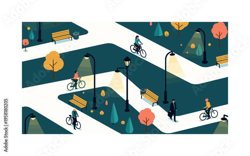city lighting motifs seamless pattern, streetlights casting glow, sidewalks, benches, trees, bicycles and pedestrians arranged in a repeating pattern, white