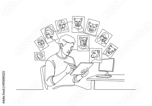 Creative Digital Studio. Minimalistic one-line drawing visual artist surrounded by tablet, stylus, and reference sketches creating digital art, continuous