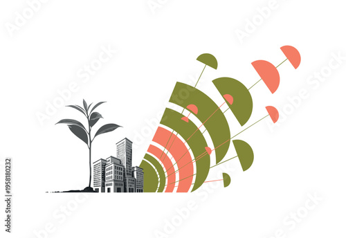monochrome young plant growing beside small urban buildings symbolizing economic development and sustainability, layered semicircles and thin structural lines