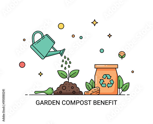 Garden compost benefit scene with a watering can nurturing a plant growing from soil enriched by composted kitchen scraps. The hopeful composition highlights