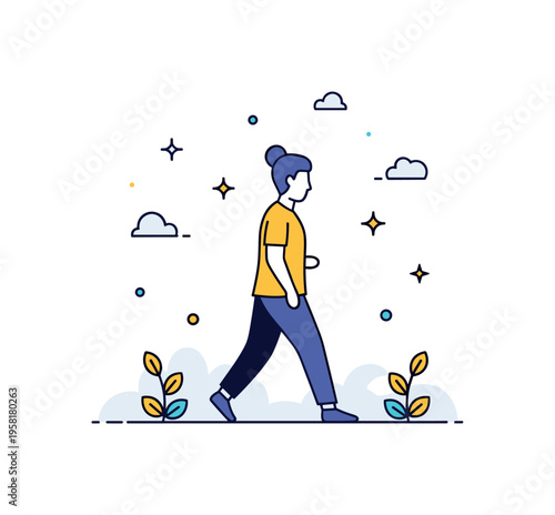 Self-care and stress management depicted by a person taking a mindful walk outdoors with tiny decorative leaves and subtle stars, conveying calm movement,