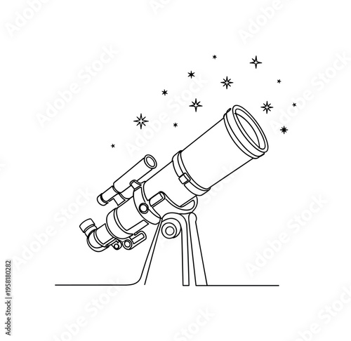 Observatory Telescope. Minimalistic one-line drawing large observatory telescope pointing upward toward stars, continuous single black line on white