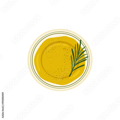Bowl of olive oil with fresh rosemary sprig and sprinkled ground black pepper. Mediterranean food great for culinary cuisine and healthy eating projects. Flat vector illustration.