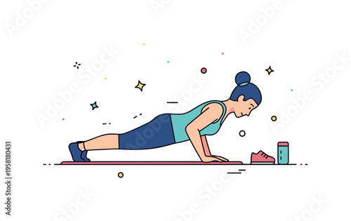 Low-impact strength exercise showing a person performing a modified push-up on a mat with tiny motion lines and minimal props, conveying safe and approachable