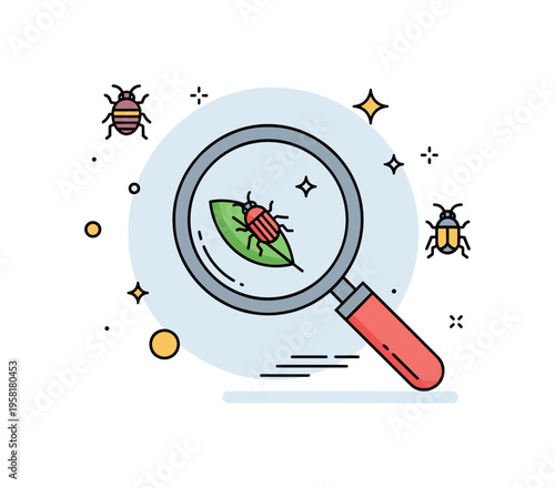 Insect observation concept centered on a magnifying glass revealing a tiny beetle on a leaf with small sparkle accents. Educational nature themed illustration