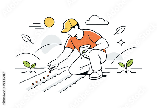 Seed Planting. Person kneeling and sowing seeds in neat rows, gentle agricultural motion. Abstract lines and minimal leaves suggesting future harvest. Modern