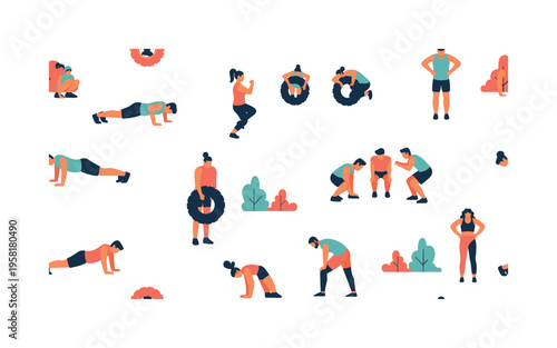 outdoor bootcamp workout seamless pattern, groups doing pushups tire flips jumping drills and stretching arranged in a repeating pattern, white background with
