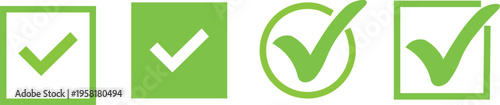 Green checkmark icons in various shapes and boxes for approval and confirmation concepts  vector graphics for digital design and editing