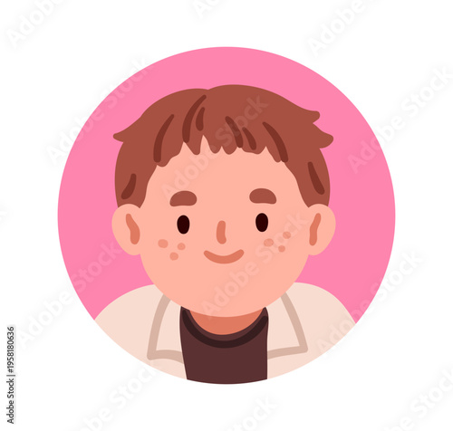 Cute boy, round face avatar. Smiling happy child, head portrait, circle user profile. Preschooler, kindergarten kid character with freckles. Flat vector illustration isolated on white background