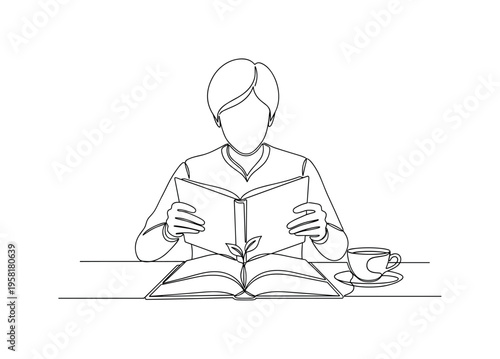 Self-Improvement Reading. Minimalistic one-line drawing person reading at desk with cup of tea and open book representing self-growth, continuous single black