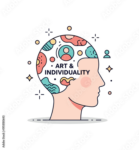 Art and individuality illustrated with a human head silhouette filled with abstract patterns and small spark accents symbolizing imagination. The composition