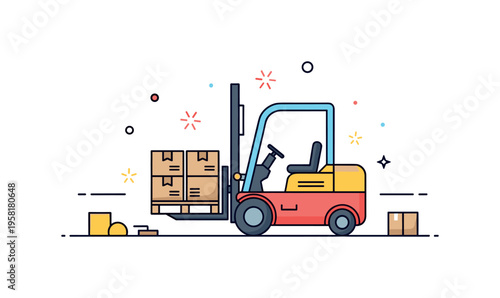 Forklift materials handling concept with a compact forklift carrying a pallet of packages across a warehouse floor. Small spark accents highlight movement,